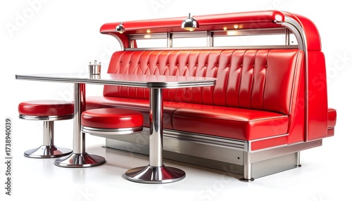 Retro red diner booth with table and stools