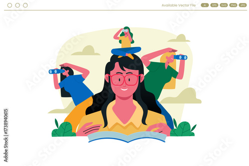 Woman with glasses reads book surrounded by women with binoculars