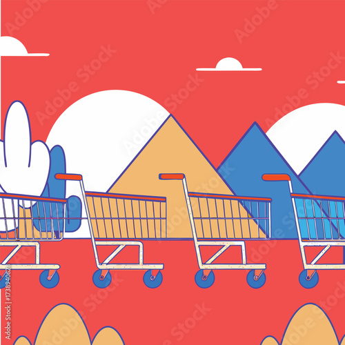 Shopping carts arranged like a marching army in a surreal desert landscape.