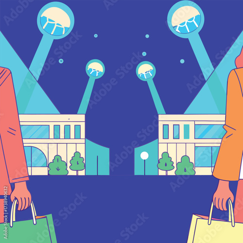 Christmas shopping girl silhouette in city street at night with snow illustration vector design