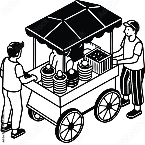 street food vendor cart with customers buying snacks.