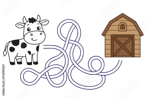 A colorful vector artwork shows maze labyrinth pattern guiding a cow toward its barn, fun educational concept created especially for children learning.