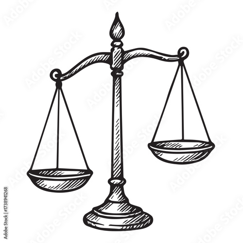 Vector design depicting scales of justice symbol, artistic black and white theme, outlined with strong black strokes, minimal illustration for legal representation.