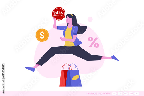 Woman jumping with shopping bags and discount sign