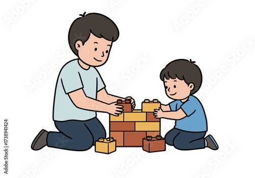 Father and son building with colorful blocks while sitting on floor  