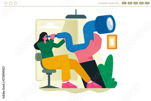 Woman looks through telescope held by another person
