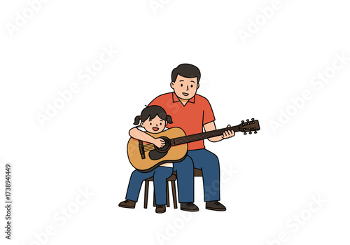 Father teaching son to play guitar while sitting on a chair  