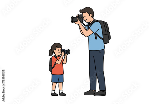 Father and daughter taking photos together with cameras in studio  