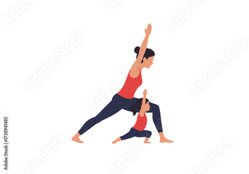 Mother and child practicing yoga together in home environment  
