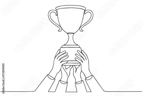 A vector continuous line illustration of multiple hands raising a trophy, monochrome black and white concept, outlined strongly in thick black.