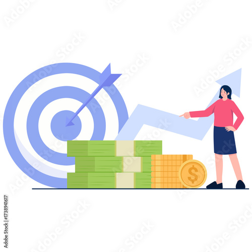 Woman pointing at stack of cash coins and a dartboard with arrow