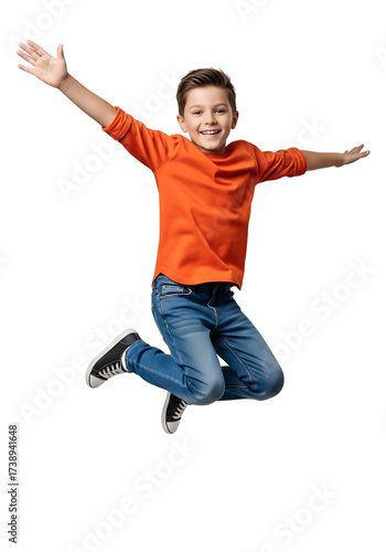 A happy boy jumps with joy and outstretched arms, isolated on transparent background