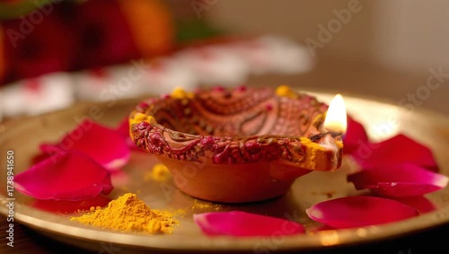 Wallpaper Mural Traditional Indian Diya Lamp on Brass Plate with Rose Petals and Turmeric Powder for Festive Rituals Torontodigital.ca