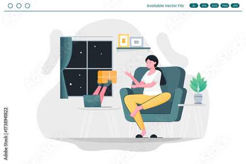 Woman receiving a package through a window at night