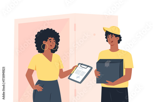 Woman receiving package from delivery person at door