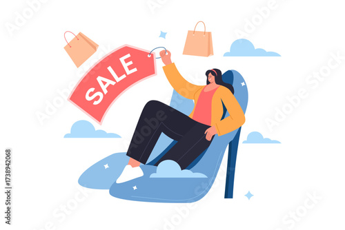 Woman sitting on a large blue high heel with sale tag and shopping bags