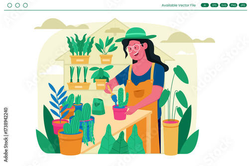 Woman tending to potted plants in a greenhouse