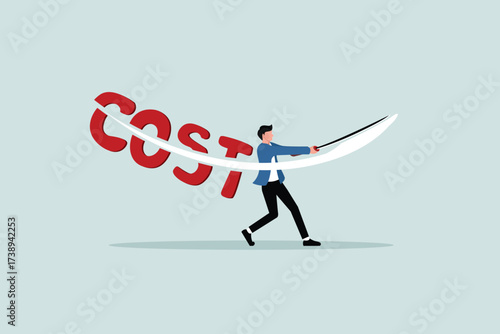 The idea of ​​cost savings, cost reduction or expense reduction, financial or accounting optimization. The concept of profit. Entrepreneurs cut the word COST with their swords.