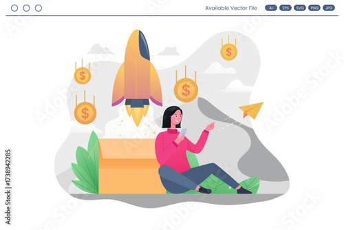 Woman using phone by rocket launching from box with falling coins