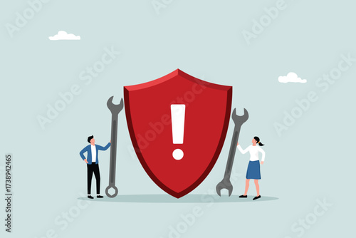 Risk Management Concept, male and female entrepreneurs hold the key and shield.