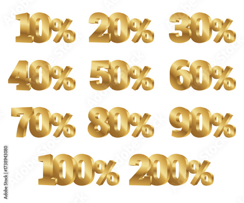 Numbers percent 10%, 20%, 30%, 40%, 50%, 60%, 70%, 80%, 90%, 100%, 200% gold for discount, sale, promotion, coupon, grand opening, bonus, gift, voucher, logo, badge, label, symbol, vector isolated.