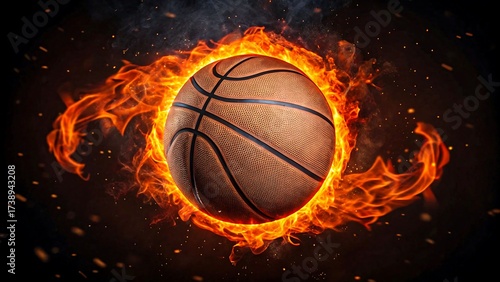 Basketball ball surrounded by fire flames on dark background
