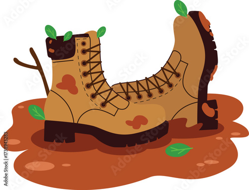 Brown Hiking Boots Muddy Puddle Outdoor Adventure Nature Trail Green Leaves Footwear Vector