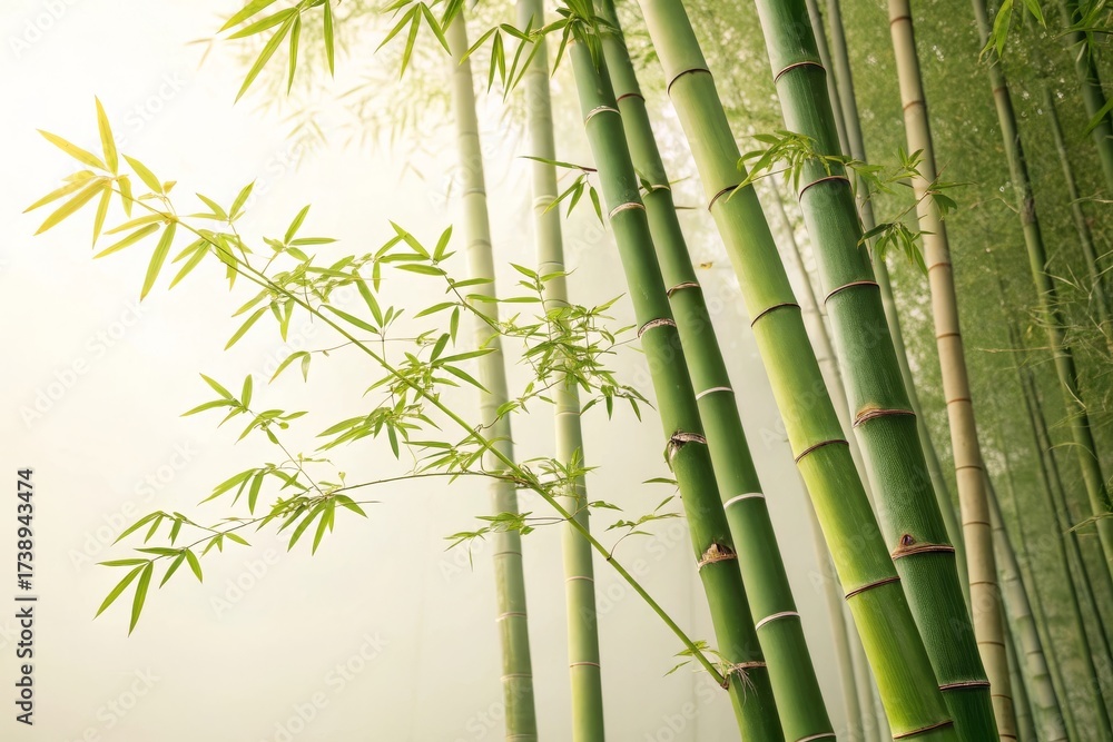 Obraz premium Green bamboo stalks growing with slender stems in sunlight