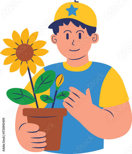 Cheerful boy holding bright sunflower pot gardening care vector illustration