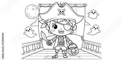 Cute Pirate Boy on Simple Ship with Pumpkin Bucket Line Art