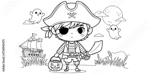 Inclusive Halloween Coloring Page with Disabled Child Pirate