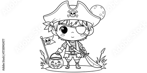 Halloween Coloring Page Pirate Boy with Prosthetic Leg on Ship