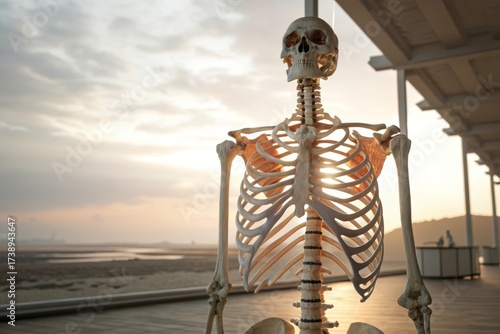 Photorealistic skeletal model in front of the sky at sunset