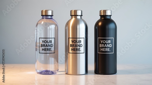 Reusable water bottle mockup for branding presentation featuring black silver and transparent bottles side by side on a light background