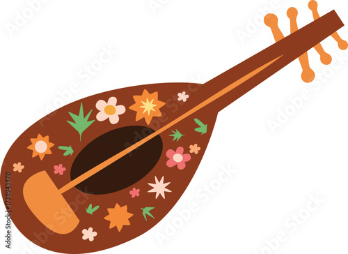 Cheerful Folk Mandolin Lute with Floral Pattern Traditional Music Instrument