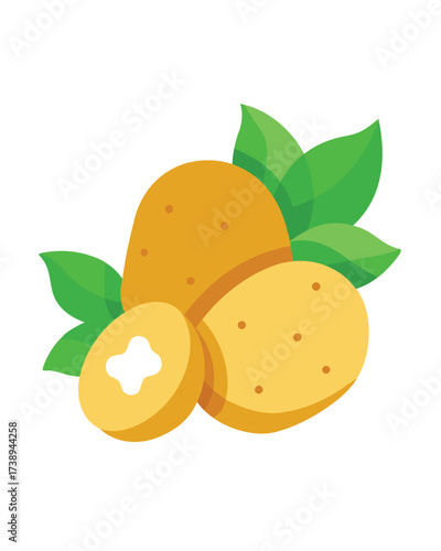 Vector art of a group of fresh potatoes, one cut in half, with green leaves, isolated on a