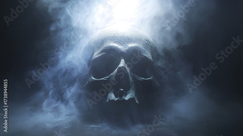 Creepy Human Skull Emerging from Fog in the Dark  