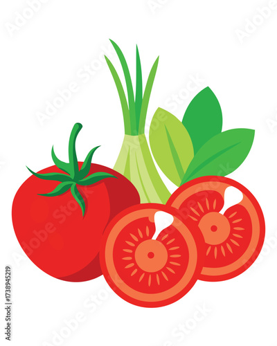 Vector art of fresh red tomato with slices, green onion, and basil leaves
