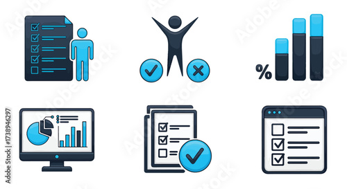 Collection of business and data analysis icons featuring charts and checklists - Line and glyph solid icon and logo templete