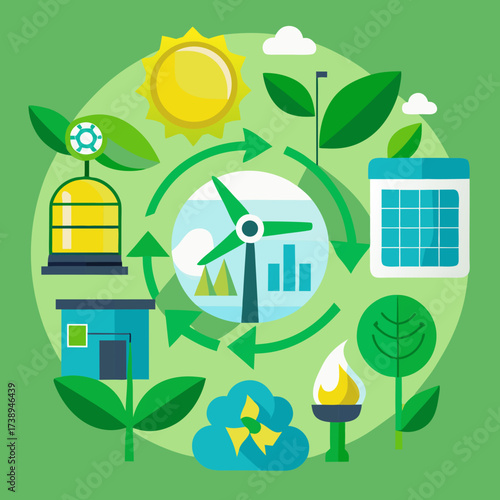 Sustainable energy and renewable resources cycle illustration