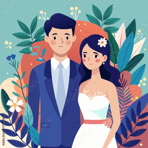 Happy couple in wedding attire surrounded by lush foliage