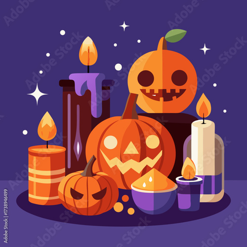 Spooky halloween night with jack o lanterns and candles