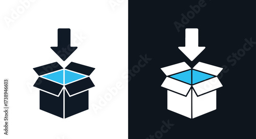 Open box icon with downward arrow delivering package concept in two variants - Line and glyph solid icon and logo templete