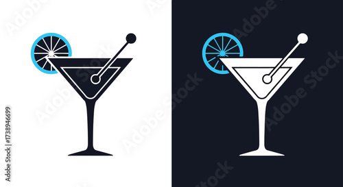 Modern martini glass icon with vibrant citrus garnish party drink symbol - Line and glyph solid icon and logo templete