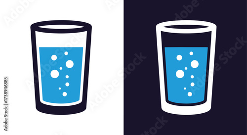 Clear glass filled with blue liquid and bubbles line glyph icon - Line and glyph solid icon and logo templete