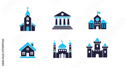 Collection of diverse building icons religious public historic residential symbols - Line and glyph solid icon and logo templete
