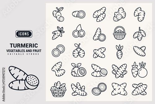Collection of Outline Icons Representing Turmeric Vegetables and Fruit Varieties White Background.
