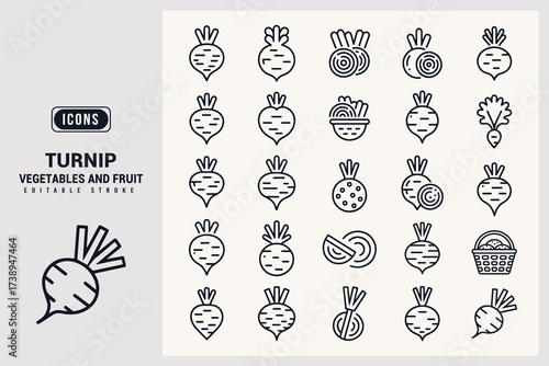 Collection of Turnip Icons Representing Vegetables and Root Crops White Background.