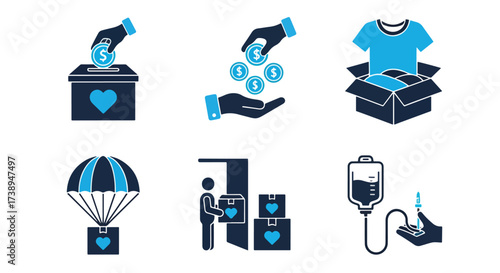 Charity and donation icon set representing giving goods and financial support - Line and glyph solid icon and logo templete
