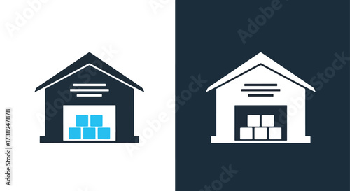 Warehouse building icon symbol represents storage distribution and logistics services - Line and glyph solid icon and logo templete